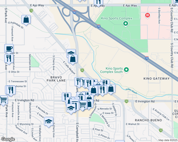 map of restaurants, bars, coffee shops, grocery stores, and more near 2015 East Benson Highway in Tucson