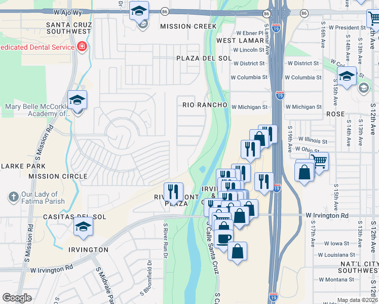 map of restaurants, bars, coffee shops, grocery stores, and more near 4651 South Valley Road in Tucson
