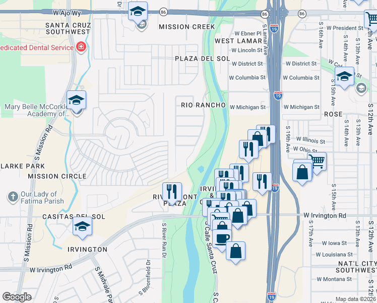 map of restaurants, bars, coffee shops, grocery stores, and more near 4651 South Valley Road in Tucson