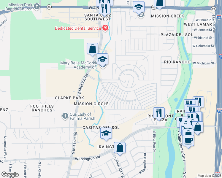 map of restaurants, bars, coffee shops, grocery stores, and more near East in Tucson