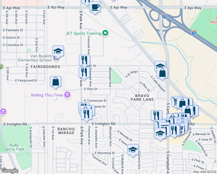 map of restaurants, bars, coffee shops, grocery stores, and more near 1240 East Ohio Street in Tucson