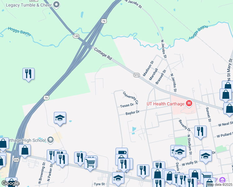 map of restaurants, bars, coffee shops, grocery stores, and more near 902 Mustang Circle in Carthage