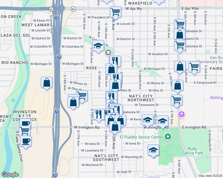 map of restaurants, bars, coffee shops, grocery stores, and more near in Tucson
