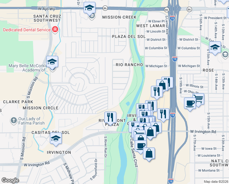map of restaurants, bars, coffee shops, grocery stores, and more near 4667 South Paseo Rio Bravo in Tucson