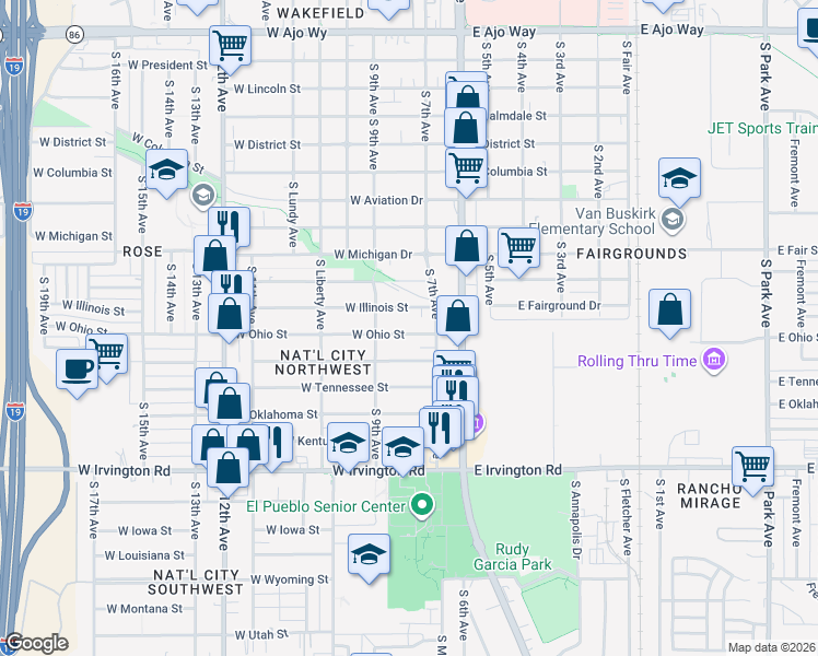 map of restaurants, bars, coffee shops, grocery stores, and more near 115 West Ohio Street in Tucson