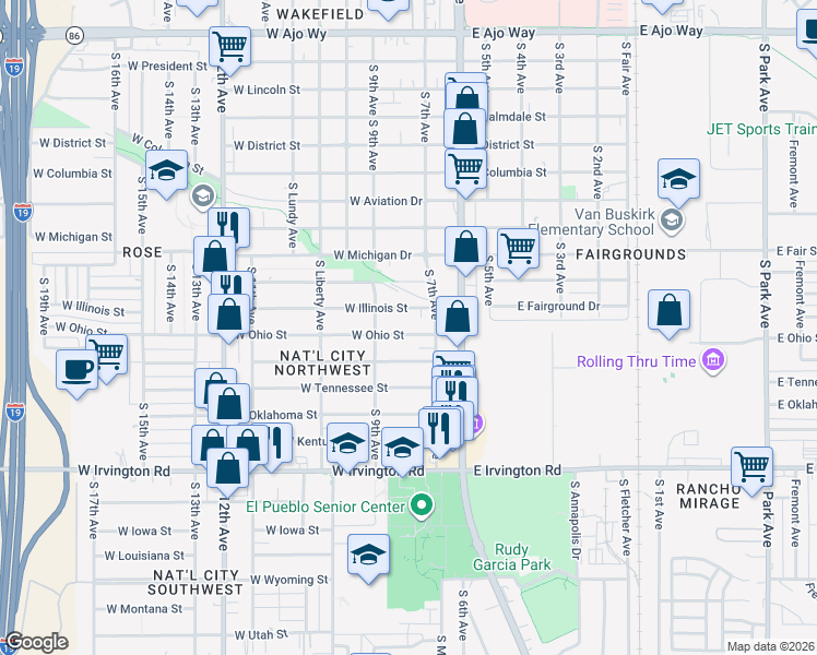 map of restaurants, bars, coffee shops, grocery stores, and more near 115 West Ohio Street in Tucson
