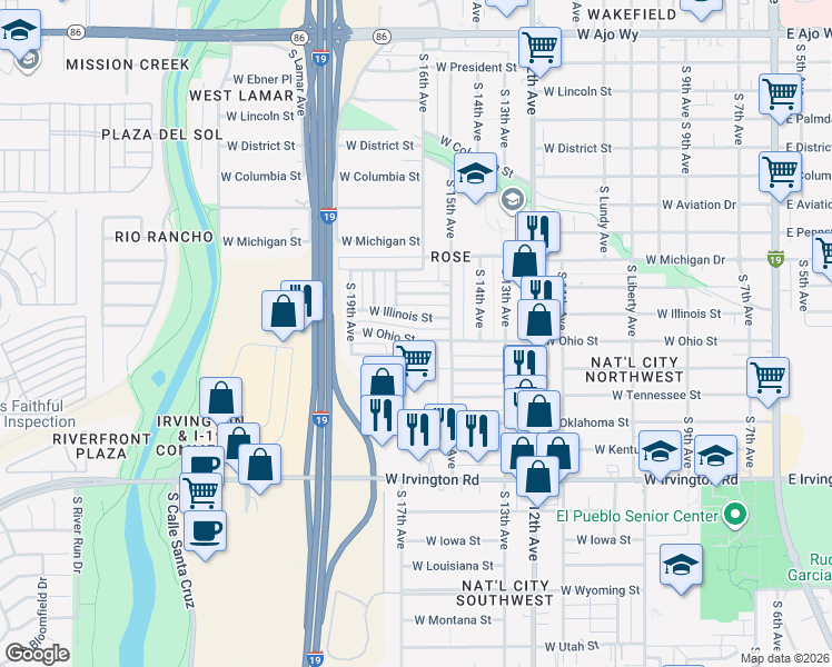 map of restaurants, bars, coffee shops, grocery stores, and more near 4612 South 16th Avenue in Tucson