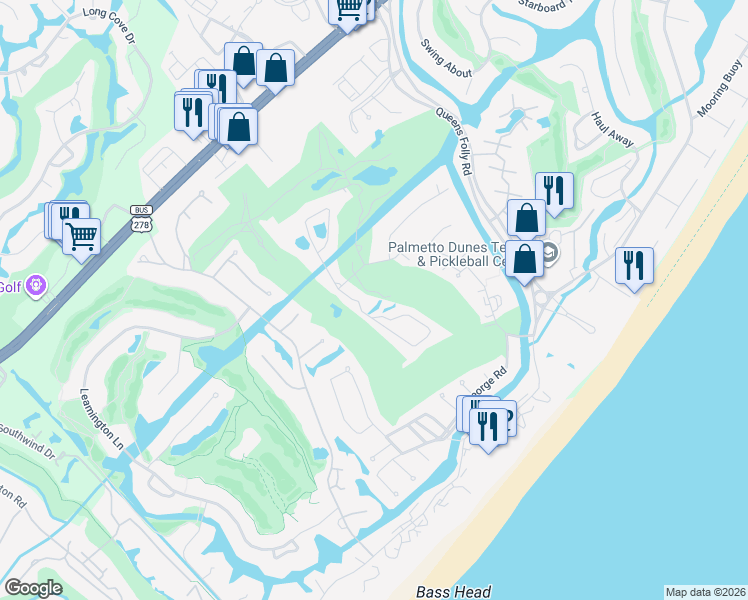 map of restaurants, bars, coffee shops, grocery stores, and more near Carnoustie Rd in Hilton Head Island