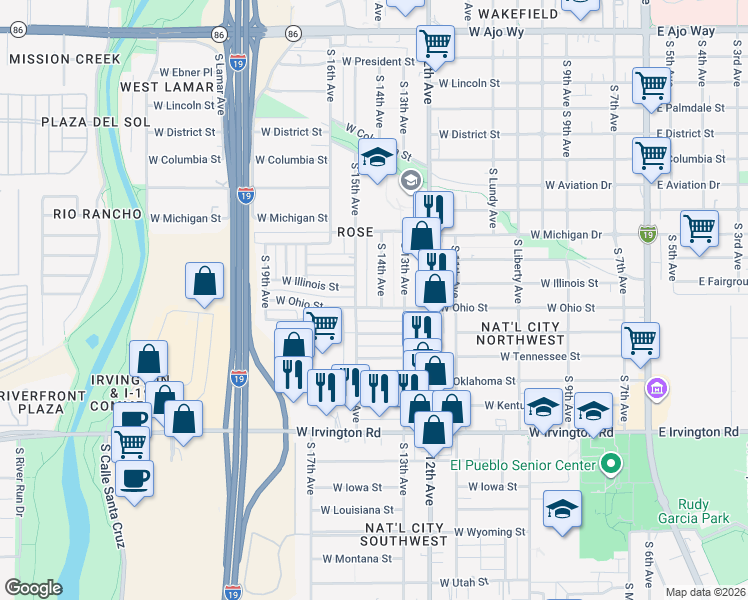 map of restaurants, bars, coffee shops, grocery stores, and more near 4580 South 14th Avenue in Tucson