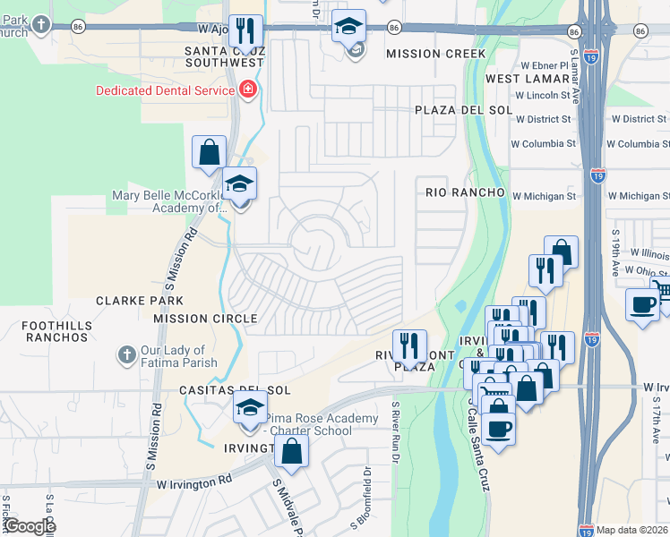 map of restaurants, bars, coffee shops, grocery stores, and more near 1669 West Via Redondo in Tucson