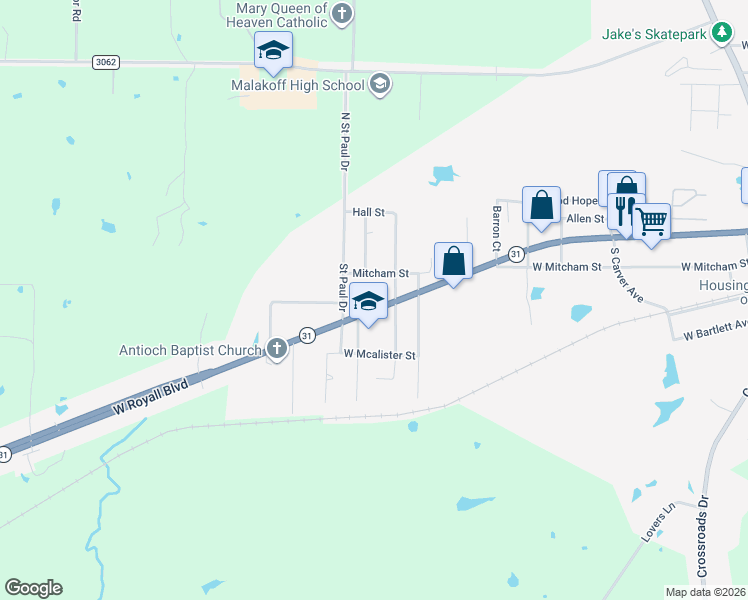 map of restaurants, bars, coffee shops, grocery stores, and more near 1208 West Royall Boulevard in Malakoff