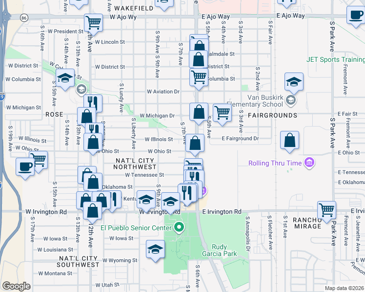 map of restaurants, bars, coffee shops, grocery stores, and more near 115 West Ohio Street in Tucson