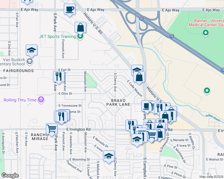 map of restaurants, bars, coffee shops, grocery stores, and more near 4651 South Cherry Avenue in Tucson