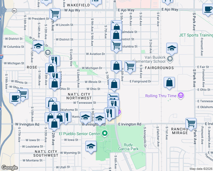 map of restaurants, bars, coffee shops, grocery stores, and more near 115 West Ohio Street in Tucson
