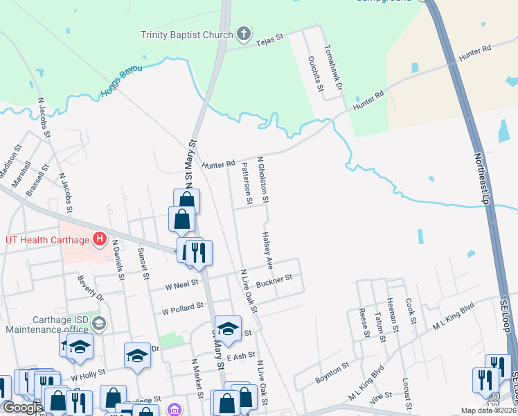 map of restaurants, bars, coffee shops, grocery stores, and more near 905 North Gholston Street in Carthage