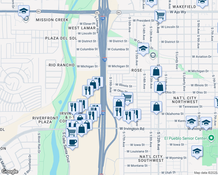 map of restaurants, bars, coffee shops, grocery stores, and more near 4540 South 19th Avenue in Tucson