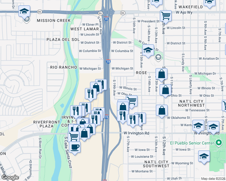 map of restaurants, bars, coffee shops, grocery stores, and more near 4540 South 19th Avenue in Tucson
