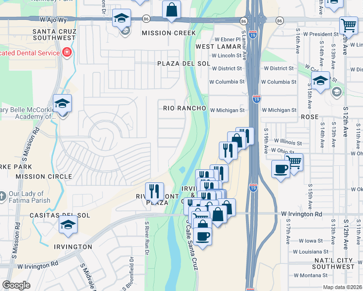map of restaurants, bars, coffee shops, grocery stores, and more near 1298 West Calle Rio Lobo in Tucson