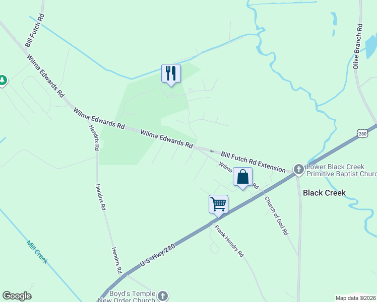 map of restaurants, bars, coffee shops, grocery stores, and more near 61 Canterwood Drive in Ellabell