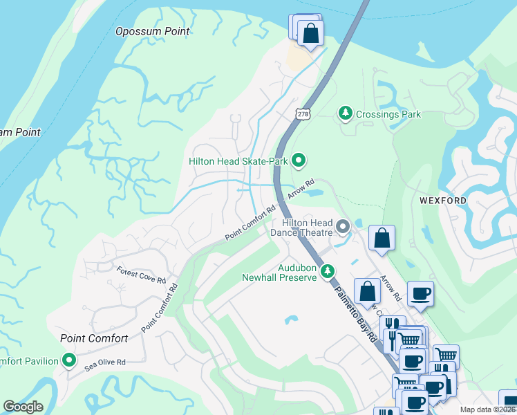 map of restaurants, bars, coffee shops, grocery stores, and more near 120 Tidepointe Way in Hilton Head Island