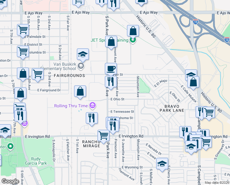 map of restaurants, bars, coffee shops, grocery stores, and more near 1102 East Macarthur Street in Tucson
