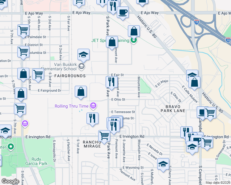 map of restaurants, bars, coffee shops, grocery stores, and more near 1102 East Macarthur Street in Tucson