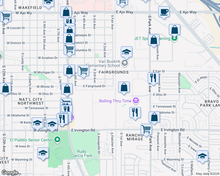 map of restaurants, bars, coffee shops, grocery stores, and more near 407 East Fairground Drive in Tucson
