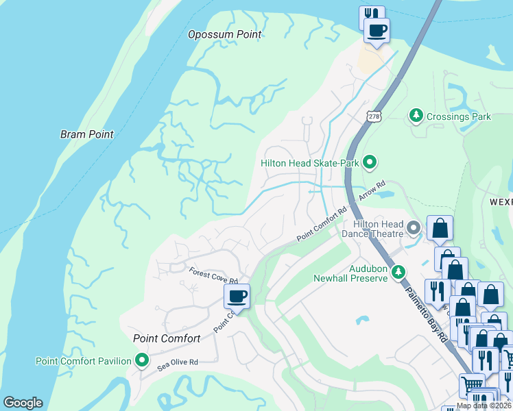 map of restaurants, bars, coffee shops, grocery stores, and more near 11 Goldfinch Lane in Hilton Head Island