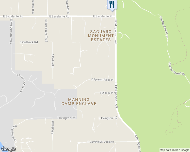 map of restaurants, bars, coffee shops, grocery stores, and more near 11701 East Spanish Ridge Place in Tucson