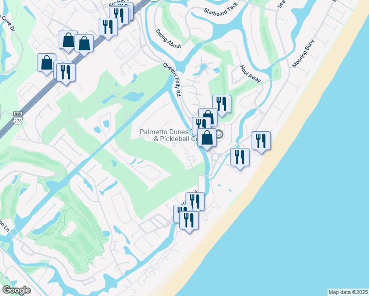 map of restaurants, bars, coffee shops, grocery stores, and more near 19 Carnoustie Road in Hilton Head Island