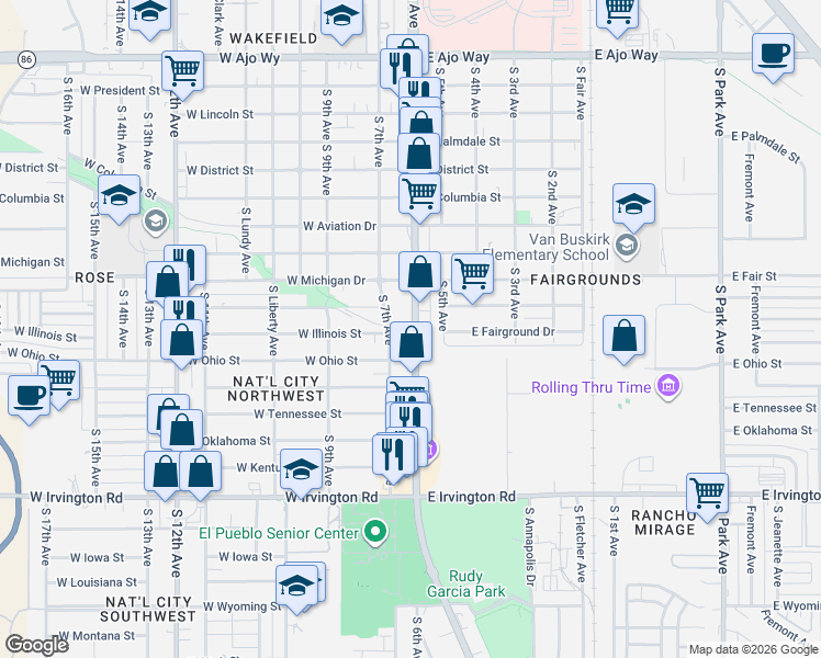 map of restaurants, bars, coffee shops, grocery stores, and more near 18 West Illinois Street in Tucson