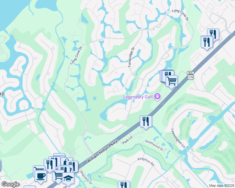 map of restaurants, bars, coffee shops, grocery stores, and more near 17 Strawberry Hill Road in Hilton Head Island