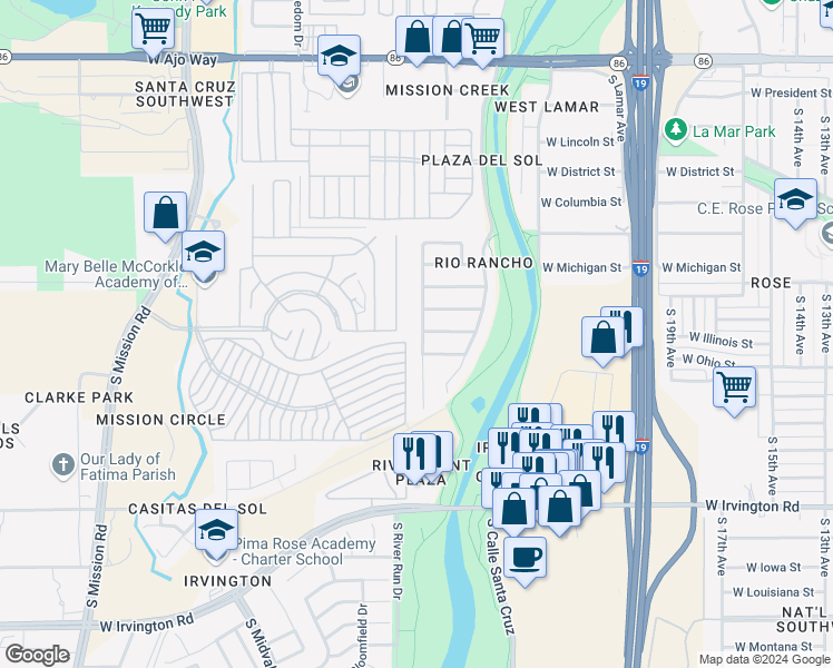 map of restaurants, bars, coffee shops, grocery stores, and more near 4590 South Paseo Rio Bravo in Tucson