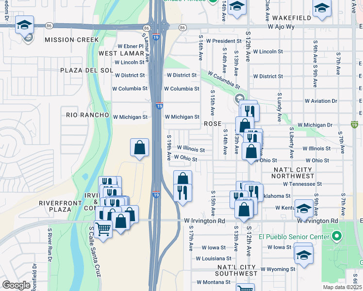 map of restaurants, bars, coffee shops, grocery stores, and more near 4541 South 18th Avenue in Tucson