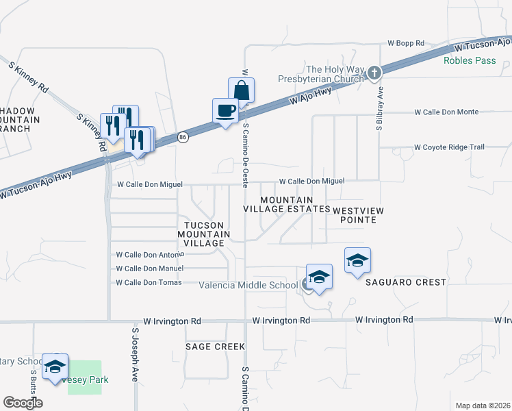 map of restaurants, bars, coffee shops, grocery stores, and more near 4437 South Avenida Don Gerardo in Tucson