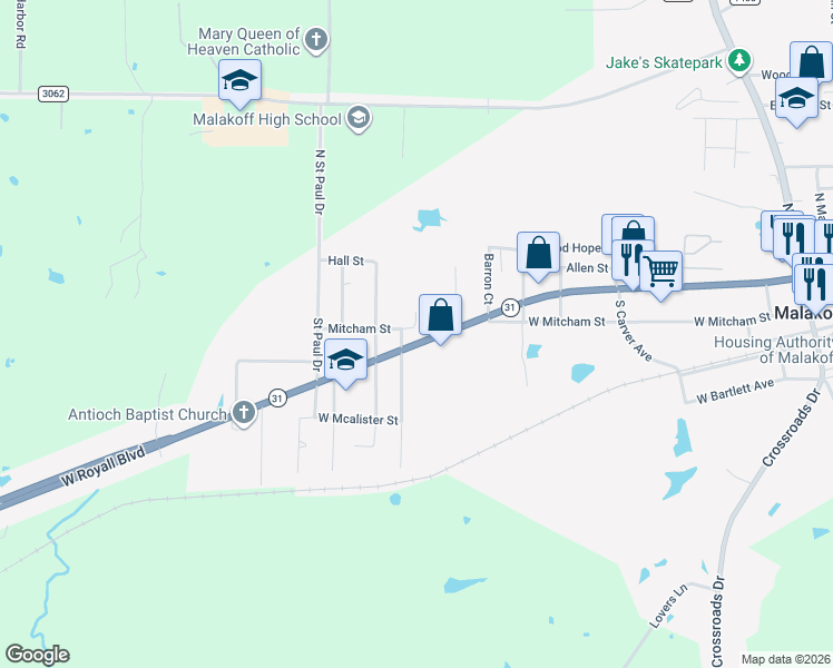 map of restaurants, bars, coffee shops, grocery stores, and more near 1016 West Royall Boulevard in Malakoff