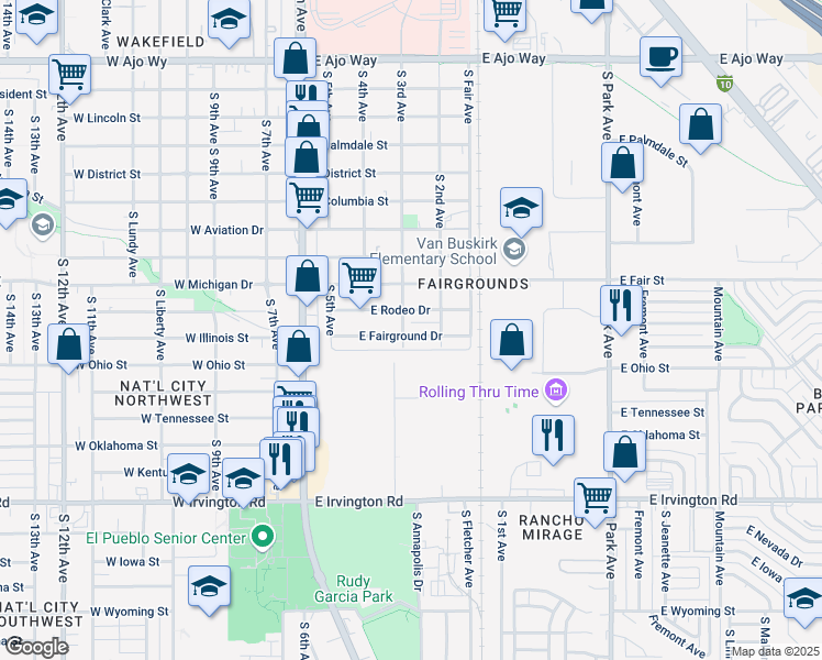 map of restaurants, bars, coffee shops, grocery stores, and more near 307 East Fairground Drive in Tucson
