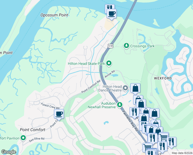 map of restaurants, bars, coffee shops, grocery stores, and more near 120 Tidepointe Way in Hilton Head Island