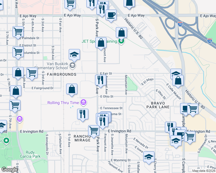 map of restaurants, bars, coffee shops, grocery stores, and more near 1102 East Macarthur Street in Tucson