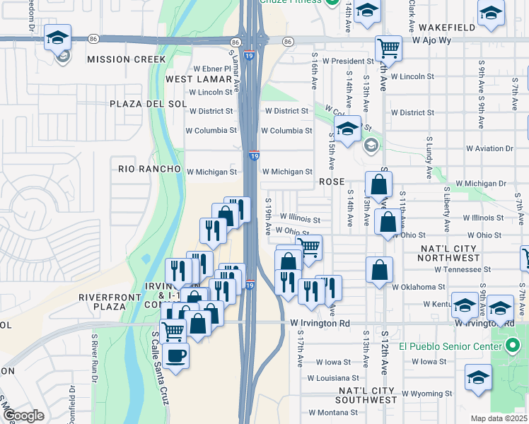 map of restaurants, bars, coffee shops, grocery stores, and more near 4540 South 19th Avenue in Tucson