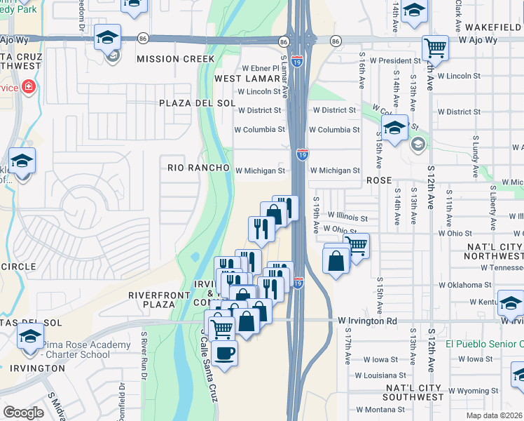 map of restaurants, bars, coffee shops, grocery stores, and more near 4640 South Calle Santa Cruz in Tucson