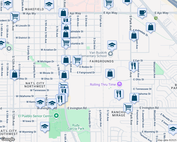 map of restaurants, bars, coffee shops, grocery stores, and more near 307 East Fairground Drive in Tucson