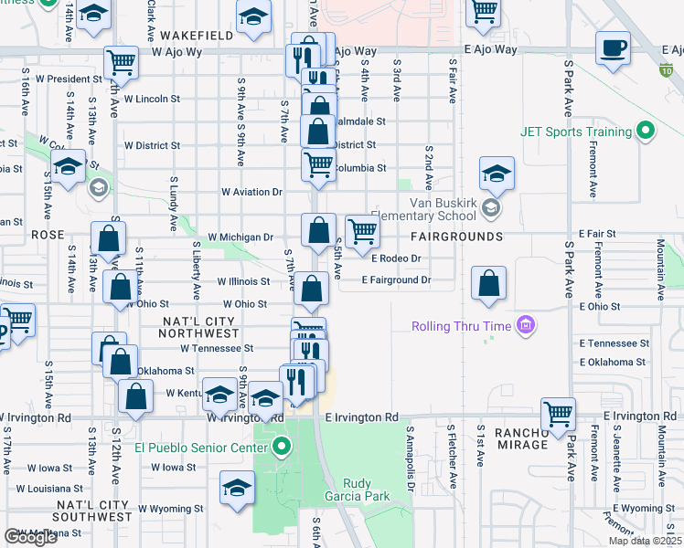 map of restaurants, bars, coffee shops, grocery stores, and more near 101 East Fairground Drive in Tucson