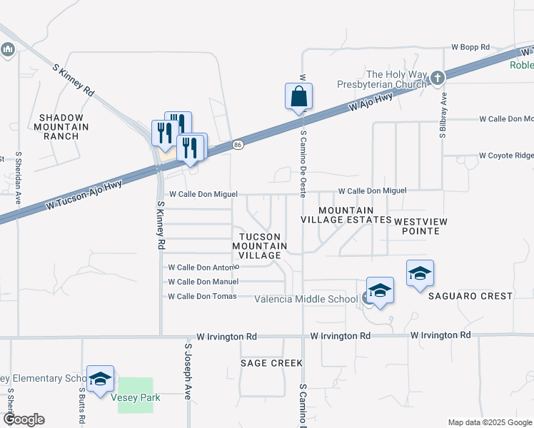 map of restaurants, bars, coffee shops, grocery stores, and more near 4401 South Avenida Don Arturo in Tucson