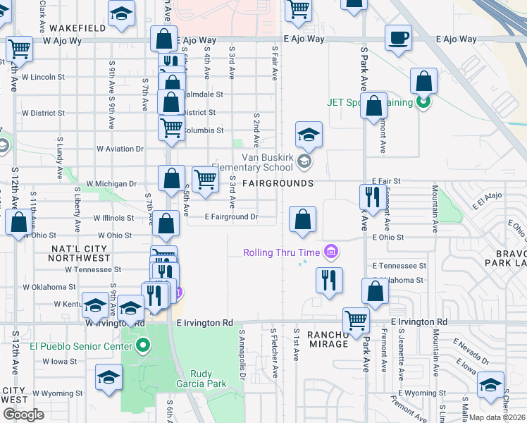 map of restaurants, bars, coffee shops, grocery stores, and more near 407 East Fairground Drive in Tucson