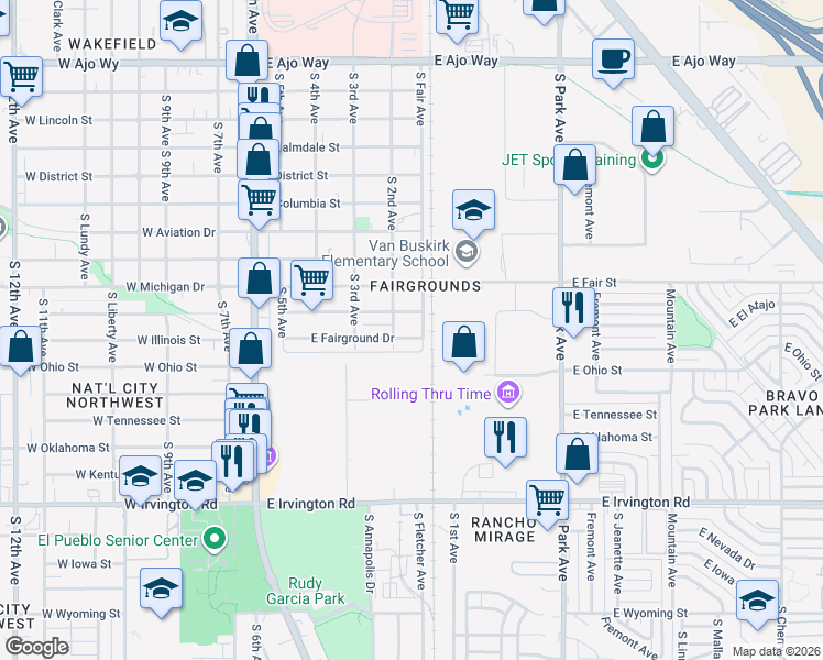 map of restaurants, bars, coffee shops, grocery stores, and more near 407 East Fairground Drive in Tucson