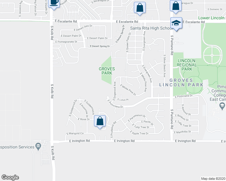map of restaurants, bars, coffee shops, grocery stores, and more near 4512 South Dogwood Avenue in Tucson