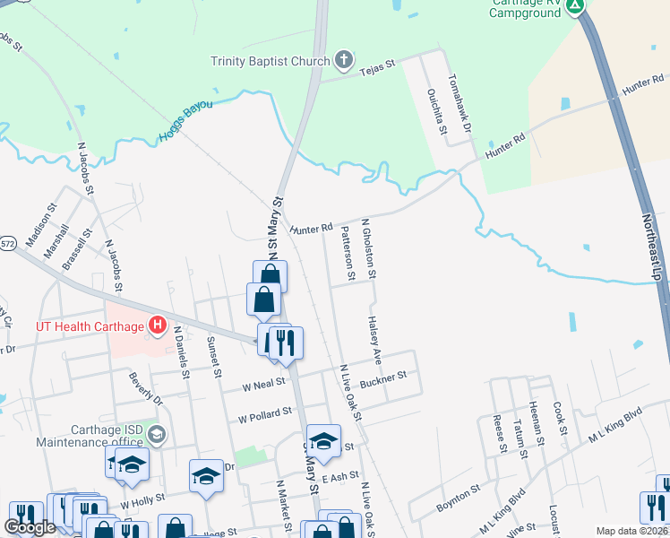 map of restaurants, bars, coffee shops, grocery stores, and more near 906 North Live Oak Street in Carthage