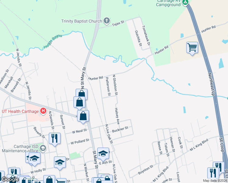 map of restaurants, bars, coffee shops, grocery stores, and more near 905 North Gholston Street in Carthage