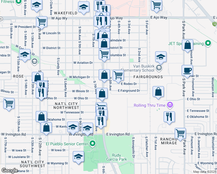 map of restaurants, bars, coffee shops, grocery stores, and more near 101 East Fairground Drive in Tucson